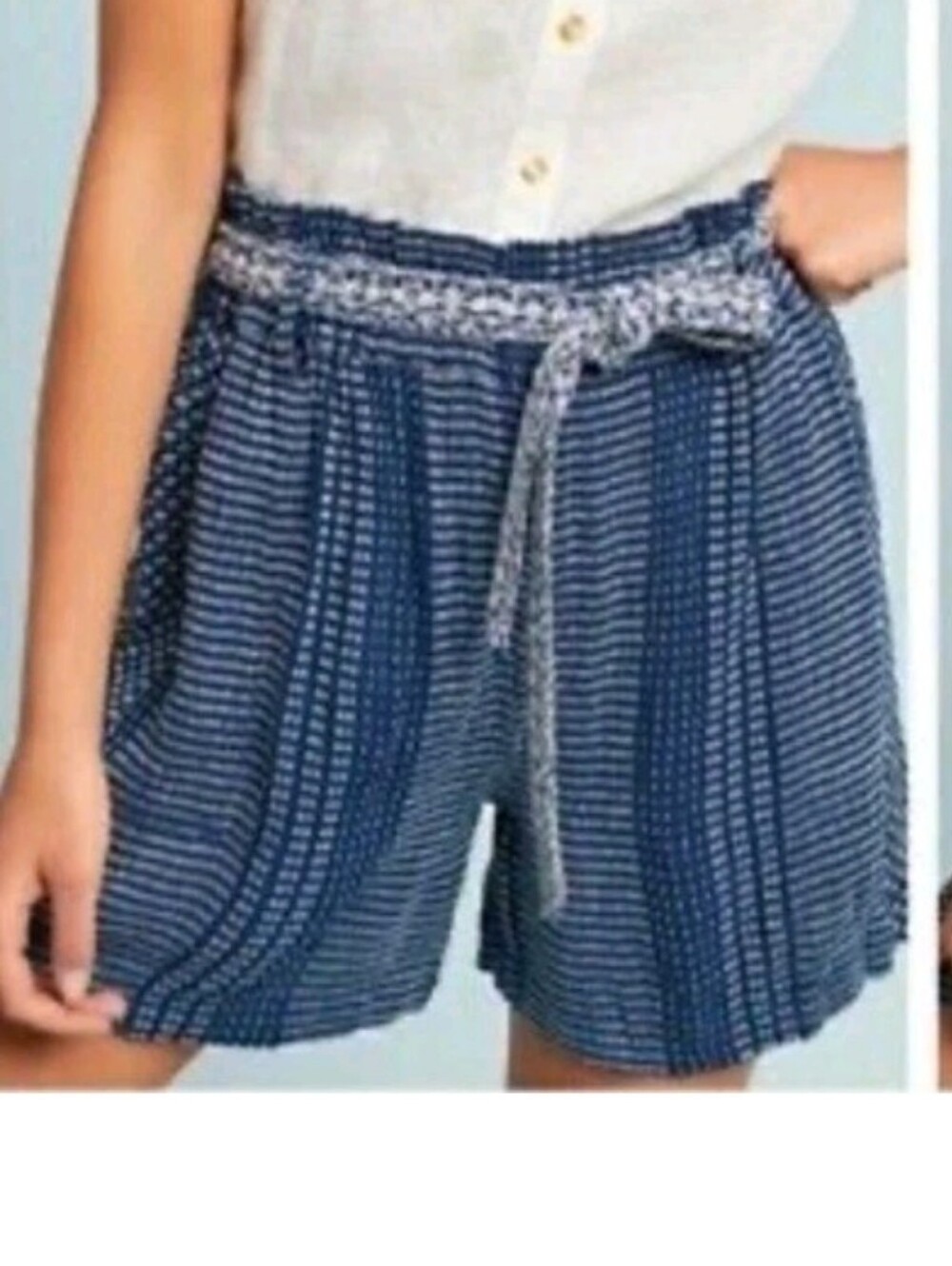 Anthropologie NEW Blue Belted Embroidered Shorts Women's L  $78